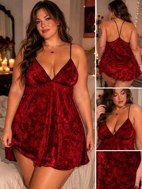 Vintage Y2K Red Burnout Velvet Chemise | Made in USA | Plus Size 1X Floral